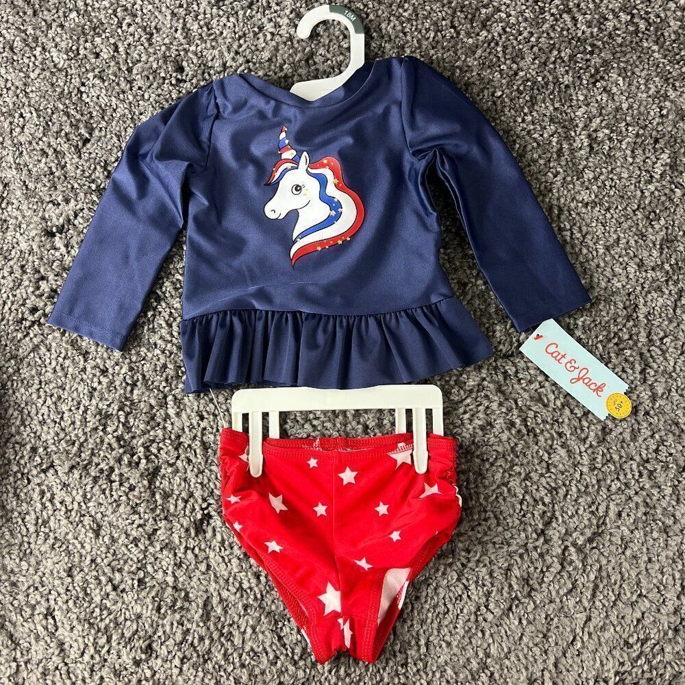 Cat & Jack Swim Suit Toddler Girls Size 18 Months 2 Piece Rash Guard Set UPF 50+